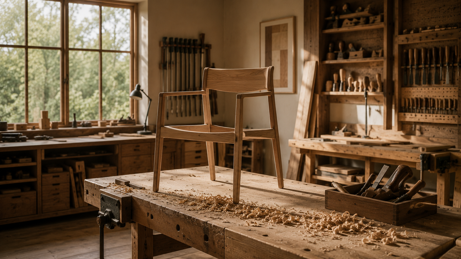 Craftsman working on a wooden furniture frame in a workshop